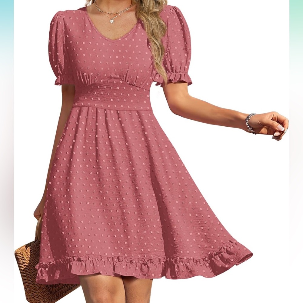 XXL Dusty Rose Mauve Pink Swiss Dot V-Neck Mini Dress with Pockets Puff Sleeves
